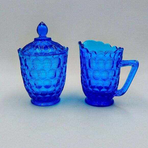Fenton Glass Colonial Blue Thumbprint Sugar Bowl Creamer Pitcher Lid Set - Picture 2 of 13